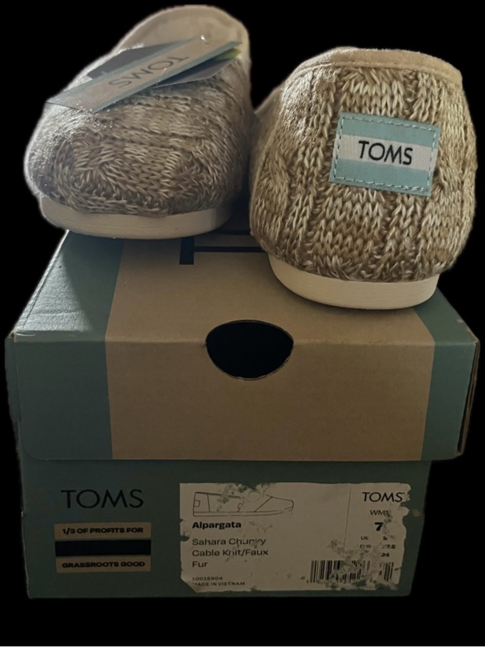 Toms Sahara Chunky Cable Knit Slip-On Flats in Beige with Light Blue Logo